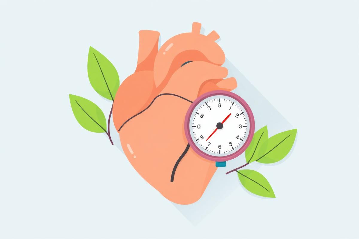 Illustration of a healthy heart with a blood pressure gauge and herbal leaves