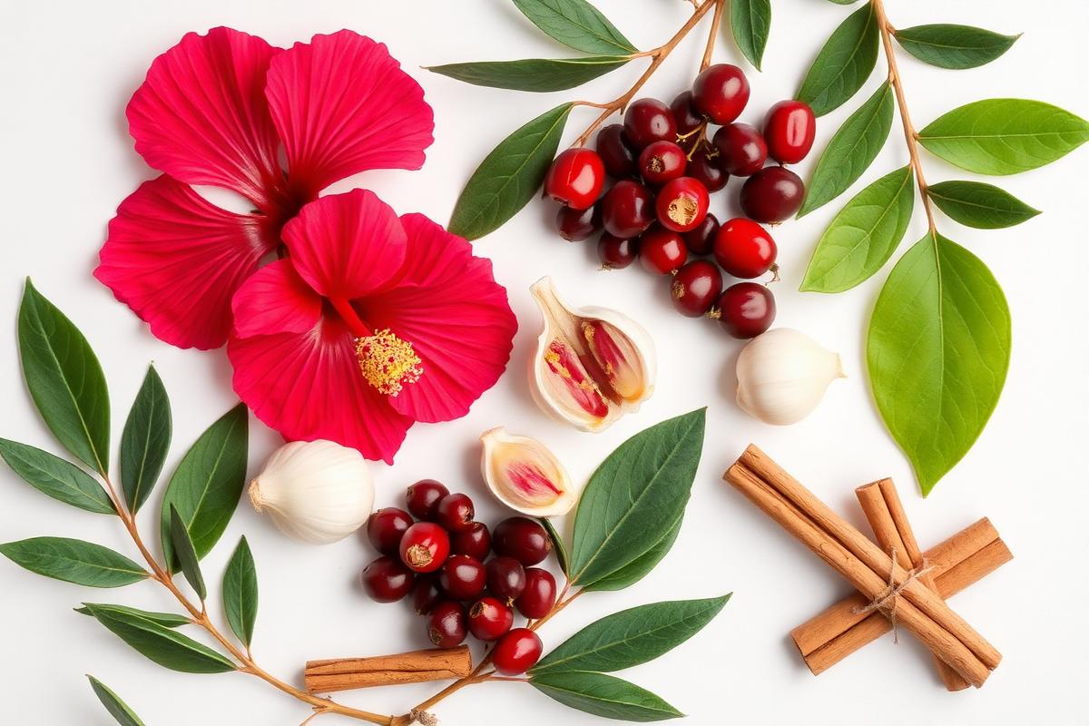Hibiscus, garlic, olive leaves, hawthorn berries, and cinnamon — GlucoLife+ BP ingredients
