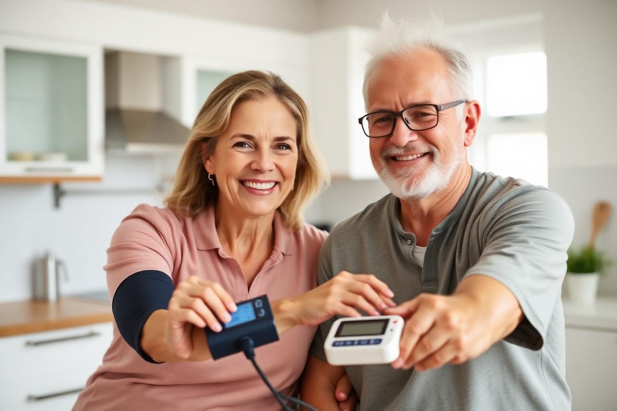 Happy couple checking blood pressure at home after taking GlucoLife+ BP